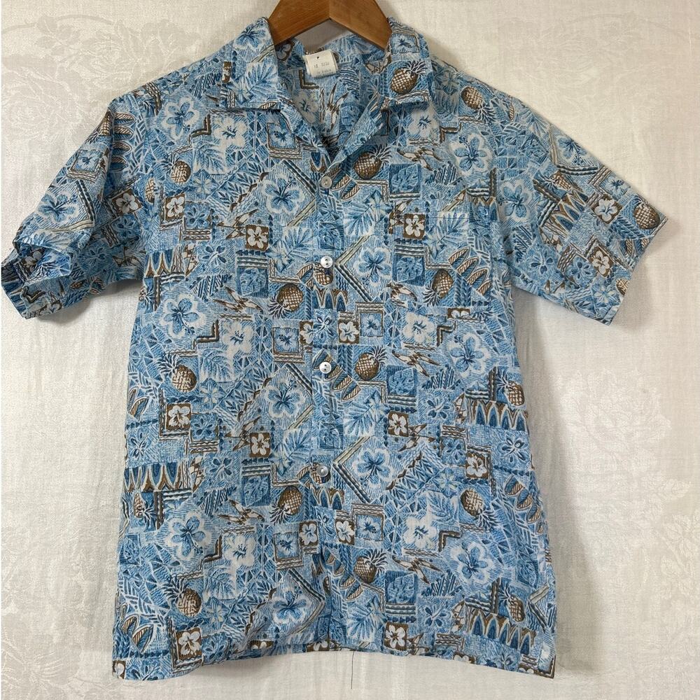 Nui Nalu Hawaiian Shirt 14 Button Up Blue Tan Floral Pineapple USA Aloha